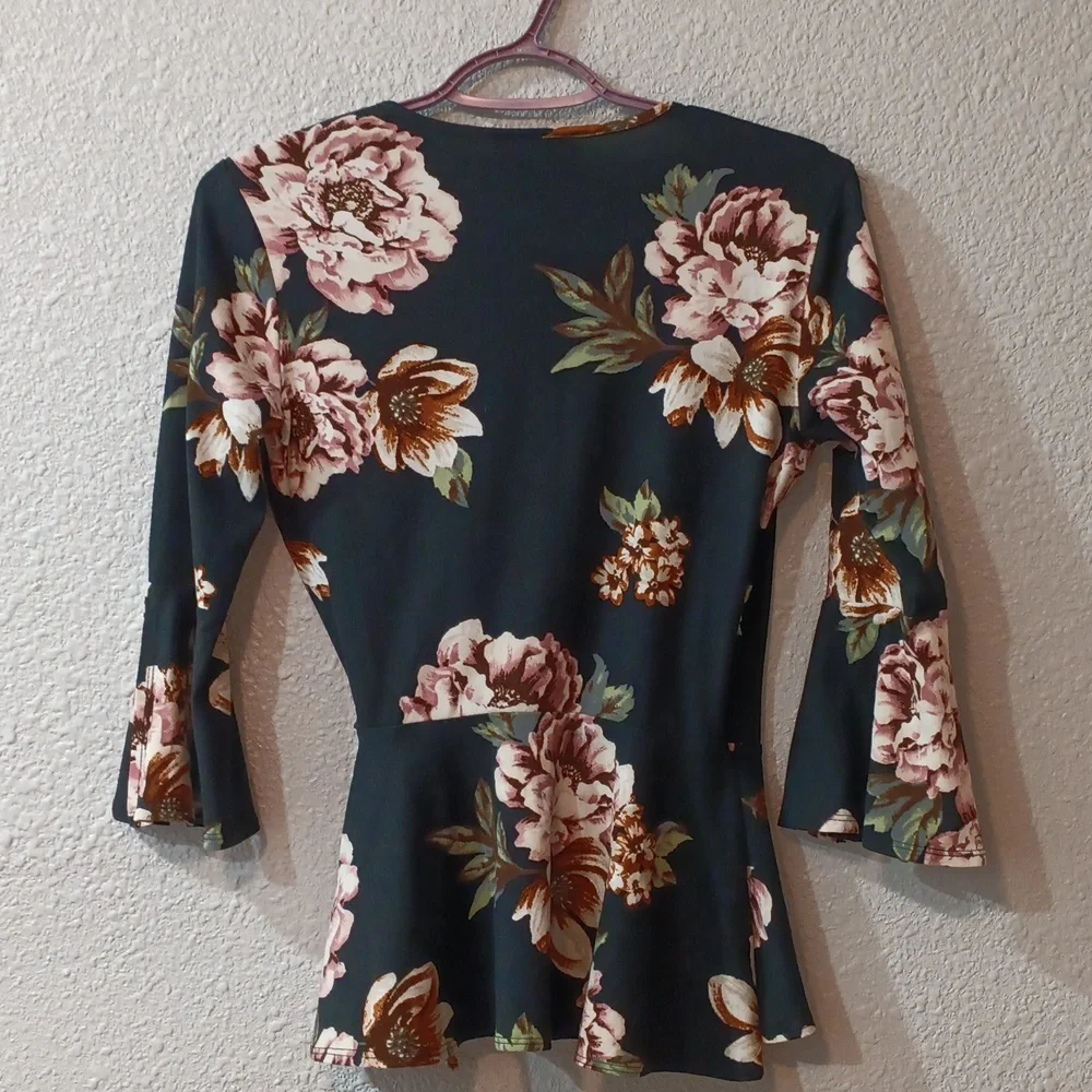 Iz Byer Floral Wrap Blouse - Black and Pink,  Ladies X-Small,  Black Floral Top - Picture 3 of 5